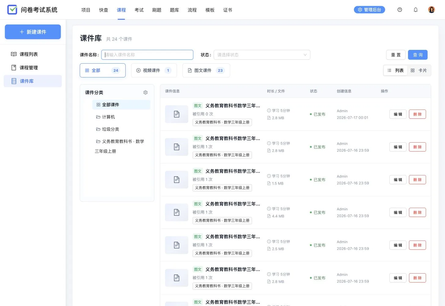 卷王课件库,展示 24 个视频与图文课件、分类、学习时长、发布状态和引用次数