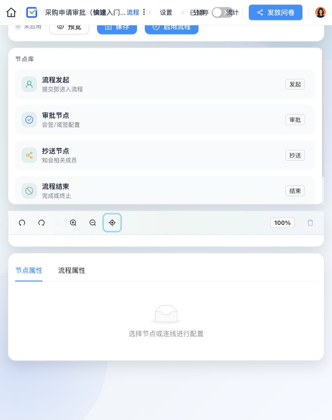 审批流程设计器,左侧显示流程发起、审批节点、抄送节点和流程结束,画布中提供默认流程结构